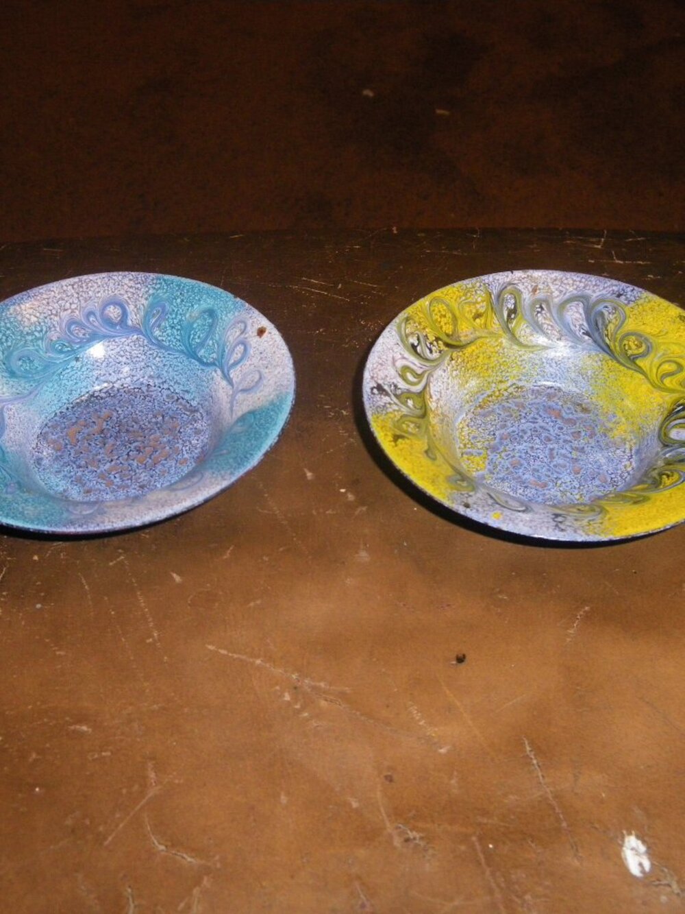 2 Hand Painted Funky Metal Candle Holder Saucer Bowls